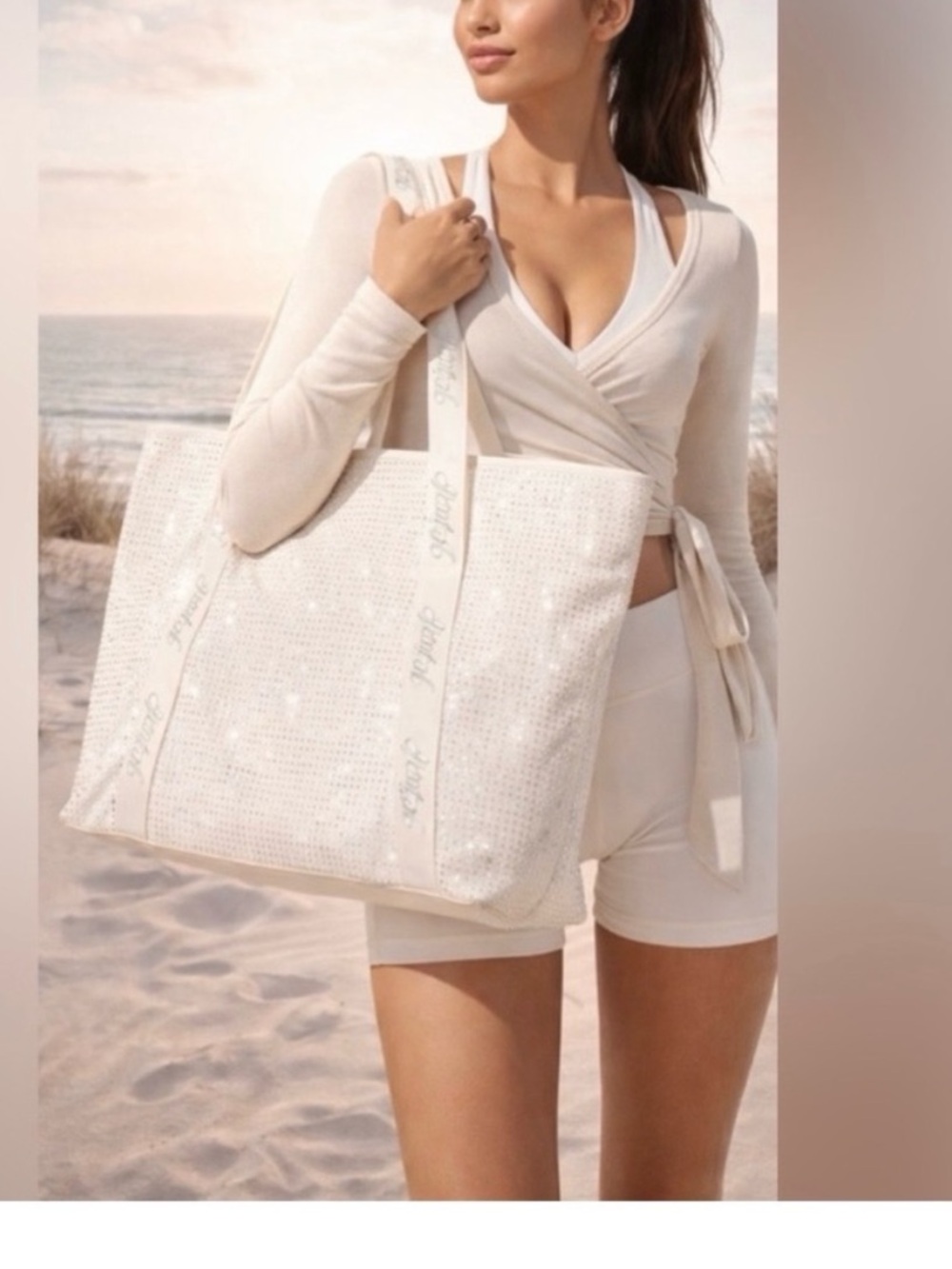 VS Bling rhinestone  Ivory Tote Bag with Branded Straps. NWT - Picture 5 of 9